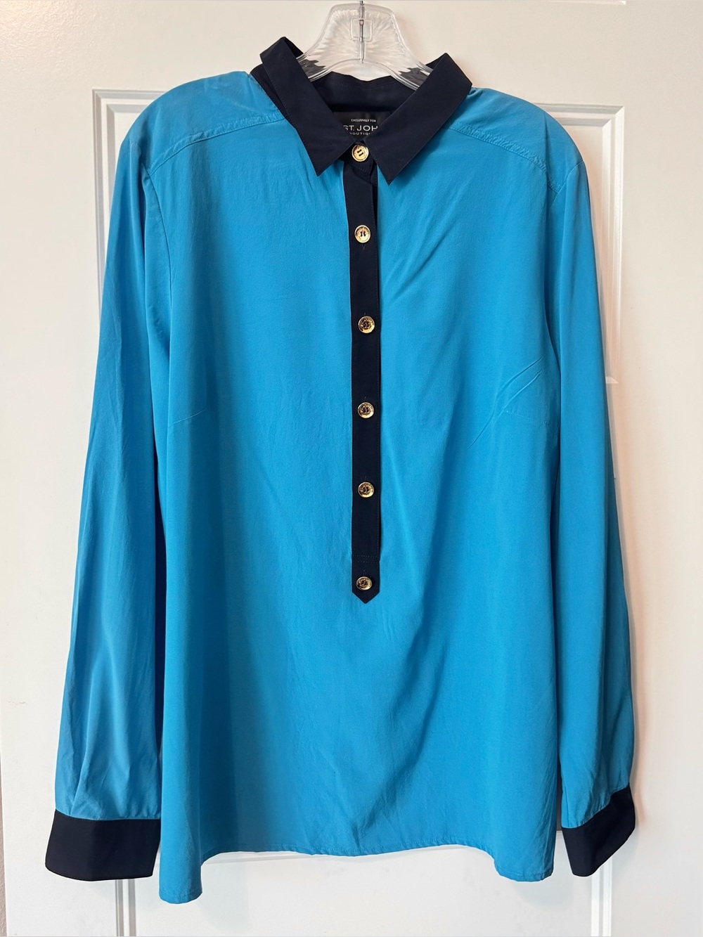 St. John Silk Blue Button Front Blouse Gold Button Detail Size 14